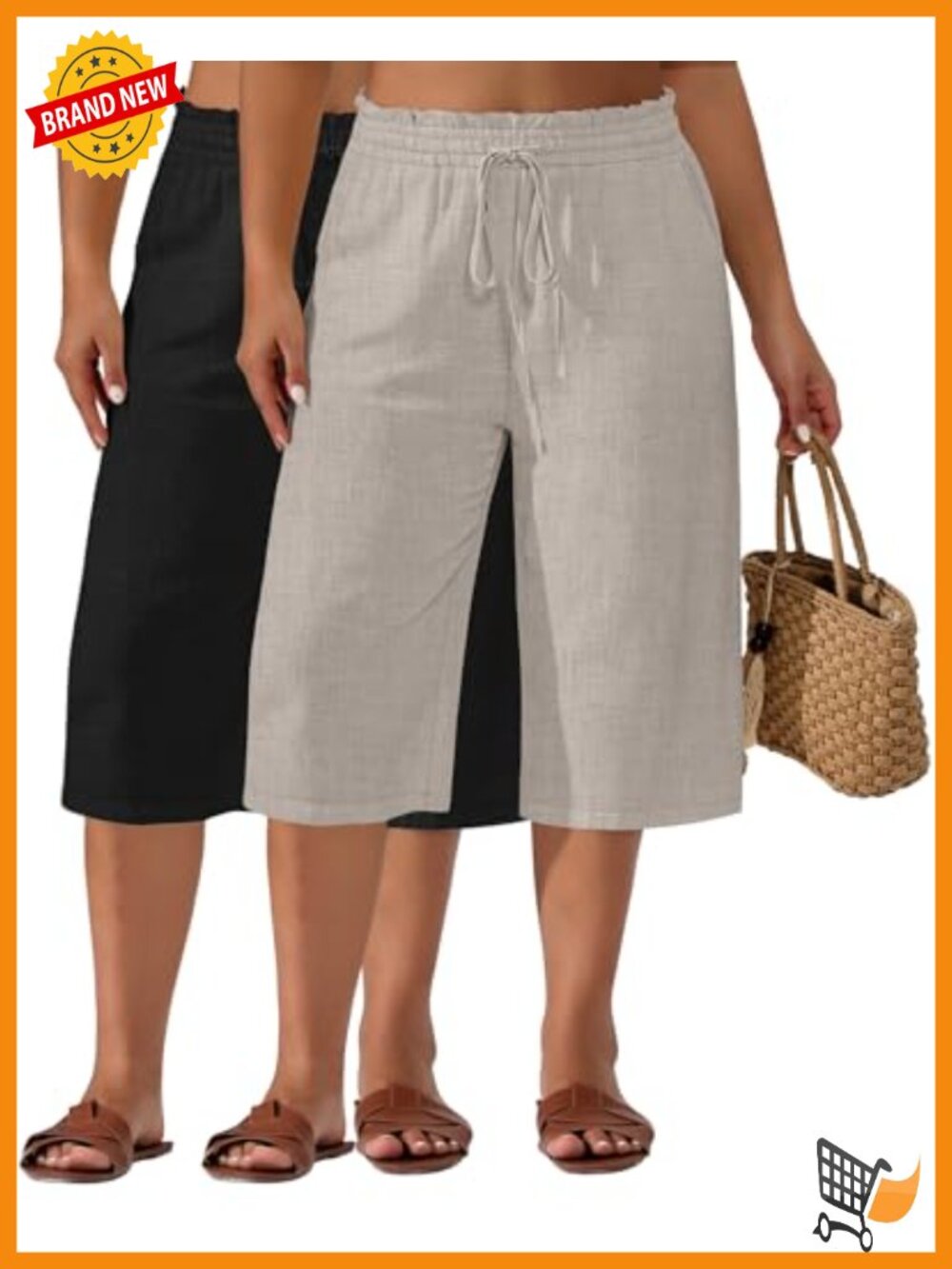 2 Pack Plus Size Linen Capris Wide Leg High Waisted Drawstring Cropped Pants